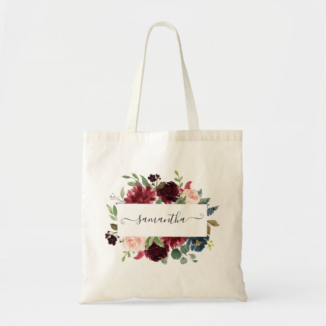 Bolsa Tote Marinho Floral Personalizado para Blush Burgundy (Frente)