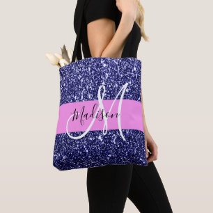 Bolsa Tote Marinho Glam Blue Glitter Sparkles Nome Monograma