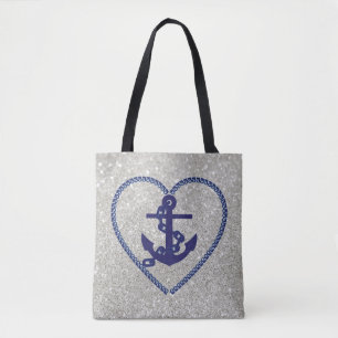 Bolsa Tote Marinho Náutico Ancora do Coração Silver Faux G