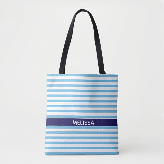 Bolsa Tote Marinho Personalizado, Azul E Branco, Com Striping (Frente)
