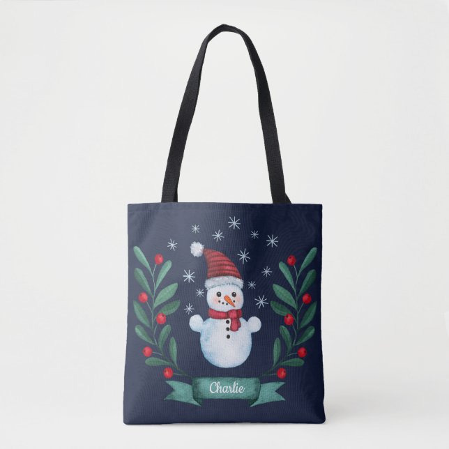 Bolsa Tote Marinho Personalizado de Neve para Aquarela de Nat (Frente)