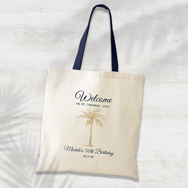 Bolsa Tote Marinho Tropical Dourada Palm Festa de aniversário (Criador carregado)
