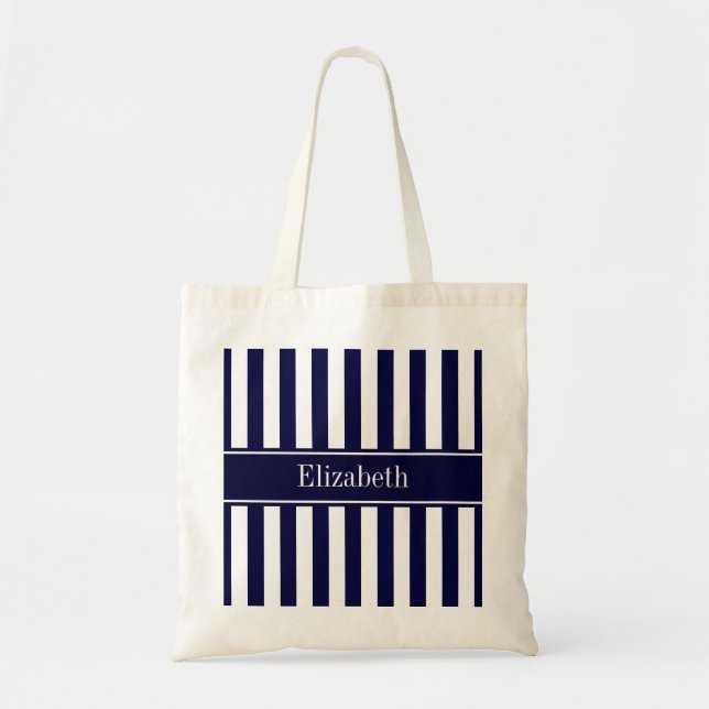 Bolsa Tote Marinho White Stripe Marinho Blue Ribbon Name Mono (Frente)