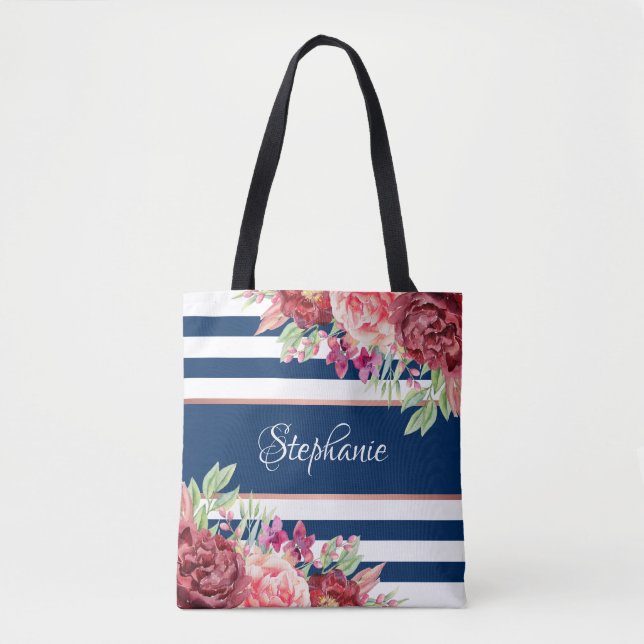 Bolsa Tote Marinho White Stripe Moderna Floral Personalizada (Frente)