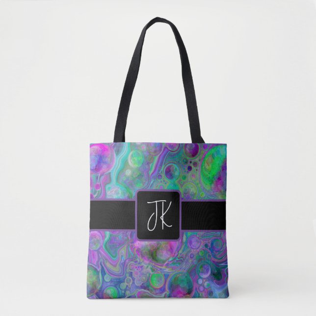 Bolsa Tote Mármaco de Arte com Fluido Roxo, Verde e Azul (Frente)