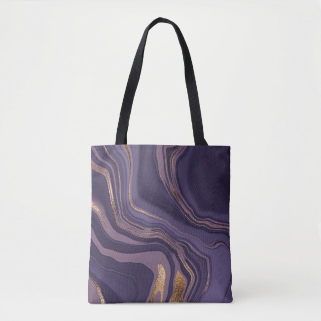 Bolsa Tote mármore abstrato violeta com ouro (Frente)