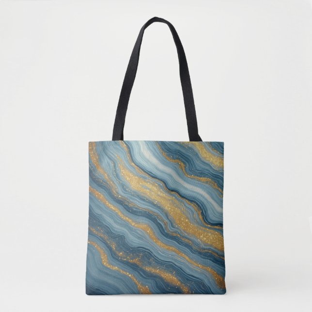 Bolsa Tote Mármore Azul Abstrato Com Veias Douradas (Frente)