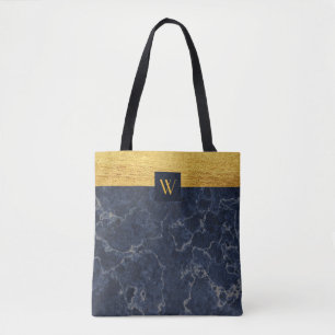 Bolsa Tote Mármore Azul Monograma e Padrão de Textura Doura