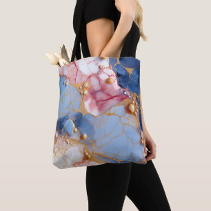 Bolsa Tote Mármore Blush & Safira com Pérolas Douradas