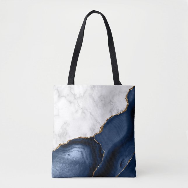 Bolsa Tote Mármore Branco Ágata Azul Marinho Dourada (Frente)