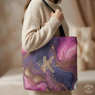 Bolsa Tote Mármore Líquido Roxo Dourado Elegante Ágata