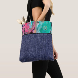 Bolsa Tote Mármore rosa e verde e jeans