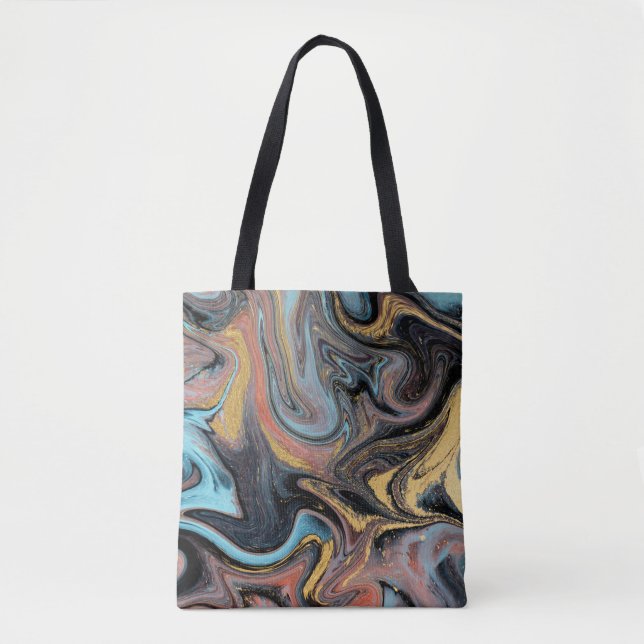 Bolsa Tote Marmoreando azul natural e verde com brilho do our (Frente)