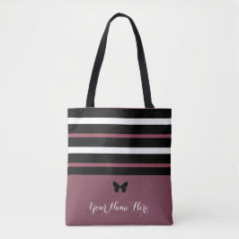 Bolsa Tote Maroon Black and White Stripes com Borboleta #1
