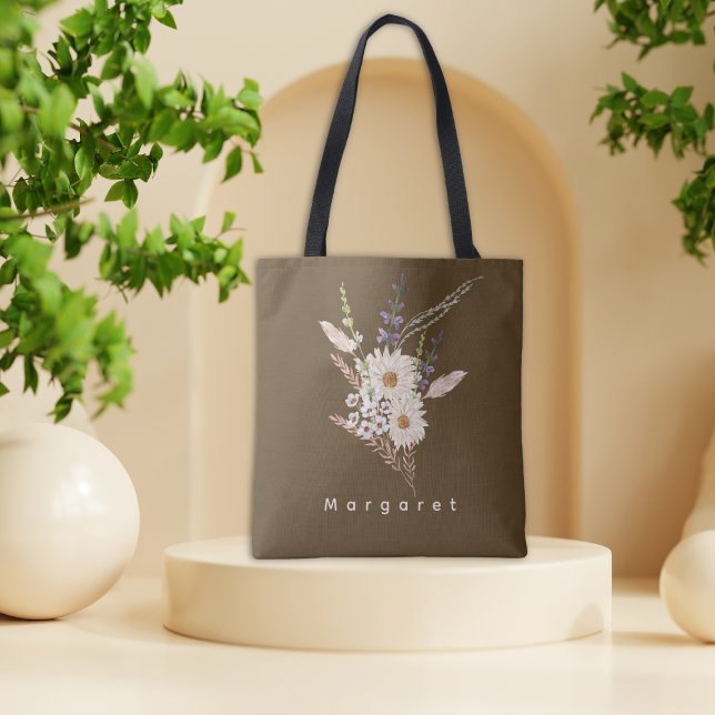 Bolsa tote marrom bege elegante floral chic (Criador carregado)