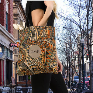 Bolsa Tote Marrom boêmico, ferrugem e Design preto monograma