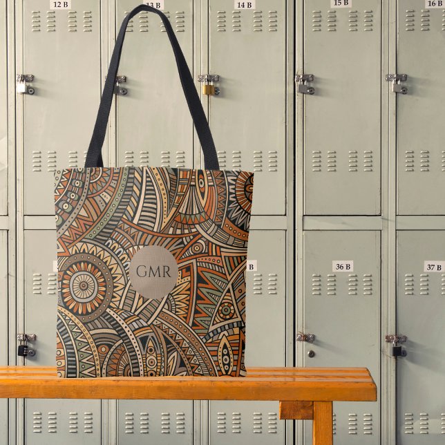 Bolsa Tote Marrom boêmico, ferrugem e Design preto monograma (Criador carregado)