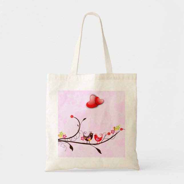 Bolsa Tote Marrom-rosa-claro e Namorados vermelhos adoram ave (Frente)