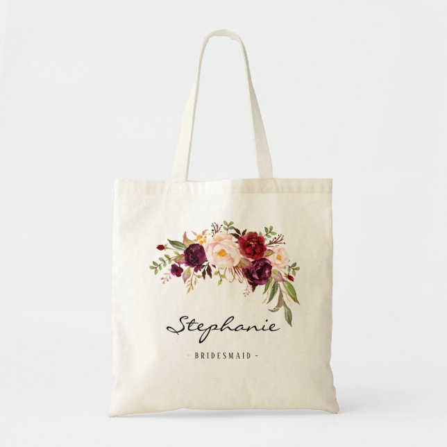 Bolsa Tote Marsala burgundy floral Bridesmaid Personalized (Frente)