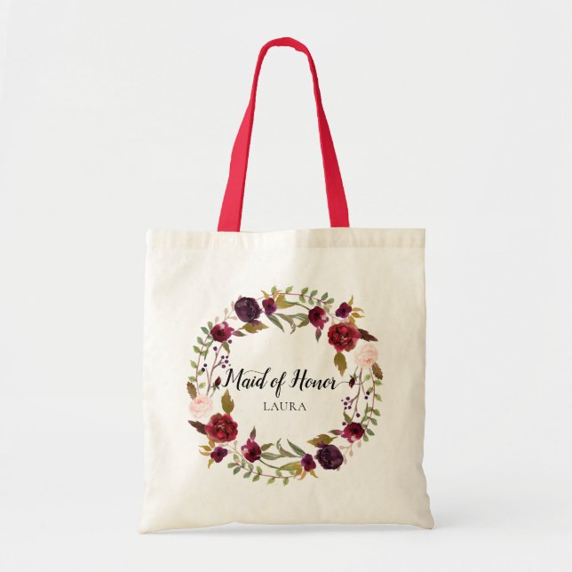 Bolsa Tote Marsala Burgundy Floral Wreath Madrinha de casamen (Frente)