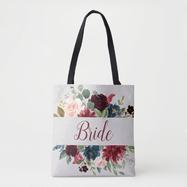 Bolsa Tote Marsala Marinho Floral Chique Noiva do Dia de Casa (Frente)