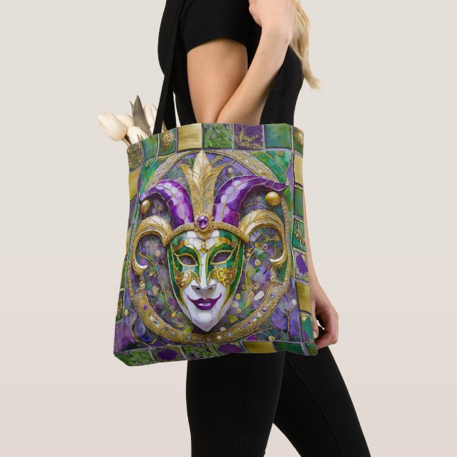 Bolsa Tote Máscara de Jester Mardi Gras Roxo Verde Dourado (Close Up)