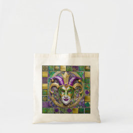 Bolsa Tote Máscara de Jester Mardi Gras Roxo Verde Dourado