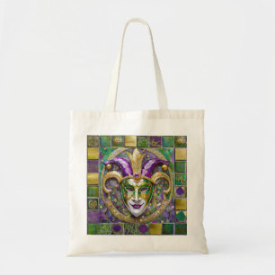Bolsa Tote Máscara de Jester Mardi Gras Roxo Verde Dourado