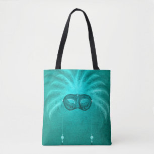 Bolsa Tote Máscara de mascarada com pena, elegante teal vinta