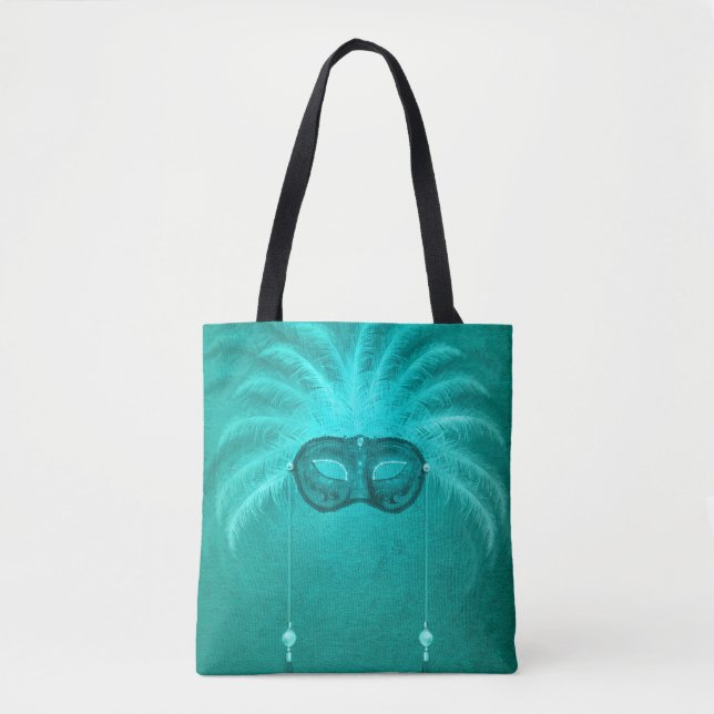 Bolsa Tote Máscara de mascarada com pena, elegante teal vinta (Frente)
