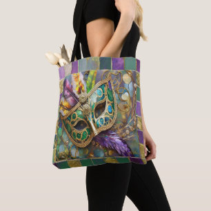 Bolsa Tote Máscara de Penas Coloridas Verde e Dourado do Mard