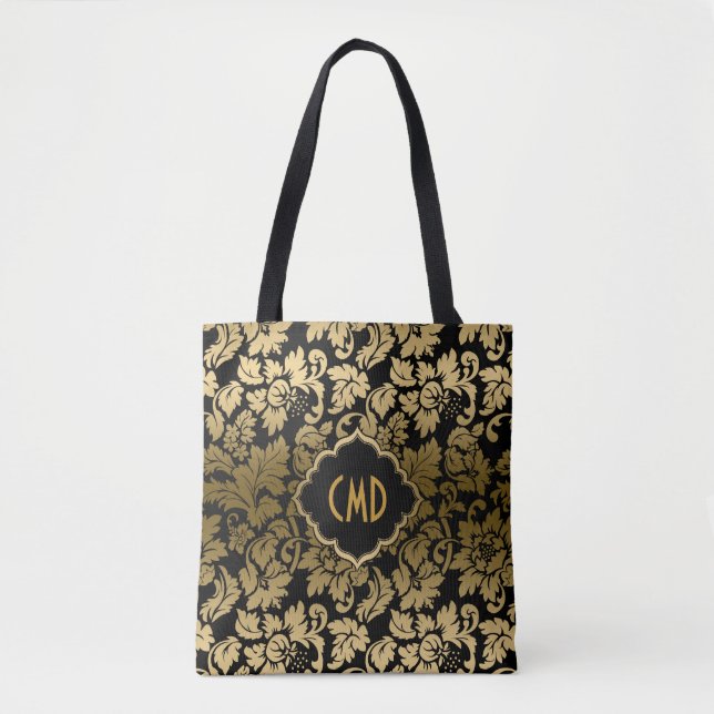 Bolsa Tote Máscara Dourada Monogramada sobre fundo preto (Frente)