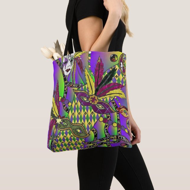 Bolsa Tote Máscaras de penas psicodélicas de Mardi Gras (Close Up)