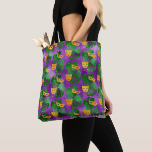 BOLSA TOTE MÁSCARAS E FOLHAS PURPURA VERDE OURO MARDI GRAS