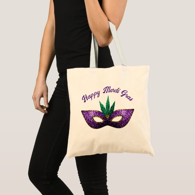 Bolsa Tote Mask Purple Green Sparkles Happy Mardi Gras (Frente (produto))