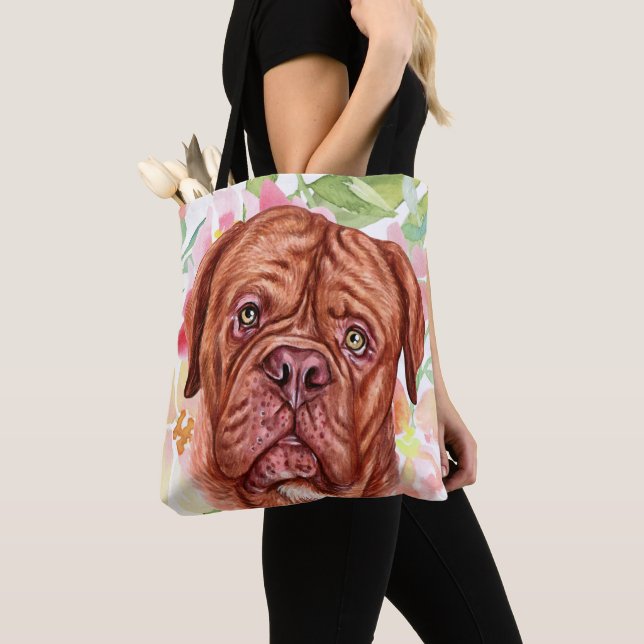 Bolsa Tote Mastiff Francês Bonito Com Padrão De Flor Rosa (Close Up)