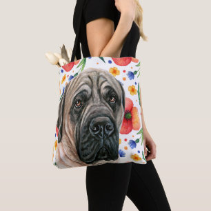 Bolsa Tote Mastiff Inglês Bonito Com Padrão De Flor Vermelho