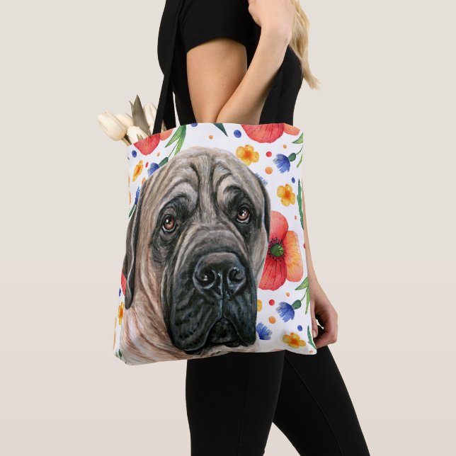 Bolsa Tote Mastiff Inglês Bonito Com Padrão De Flor Vermelho (Close Up)