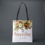 Bolsa Tote Matéria de honra, casamento outono de outono<br><div class="desc">Matriz rústica moderna de um saco de tota de honra, com flores de ouro e creme de marfim enferrujadas no outono, com folhas e folhagem secas e um guião de tipografia química caprichosa. Personalize-o com o nome de matron na frente e com os nomes dos casais de casamento e a...</div>