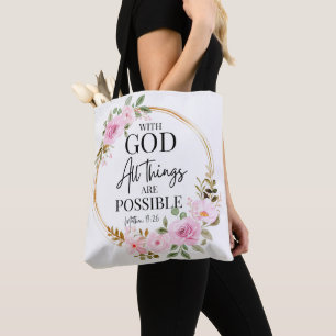Bolsa Tote Mateus 19:26 Possível com Deus Rosa Floral