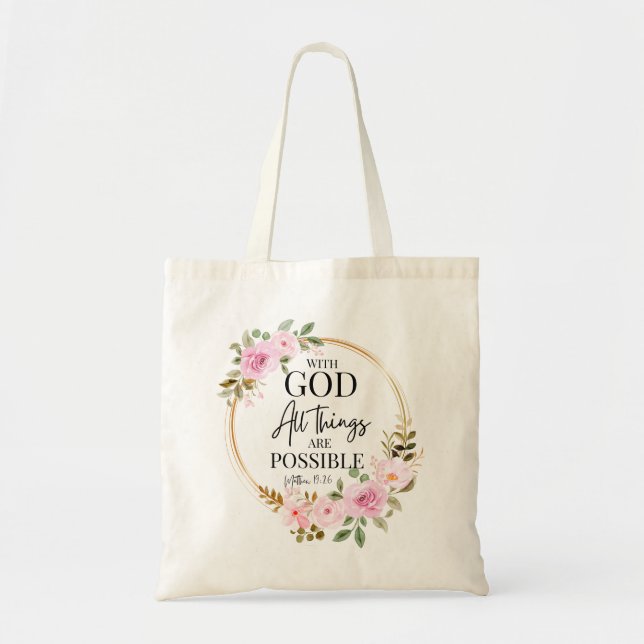 Bolsa Tote Mateus 19:26 Possível com Deus Rosa Floral (Frente)