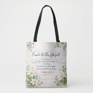 Bolsa Tote Mateus 6:28-29 - Casa de Campo Rústica Aquarela