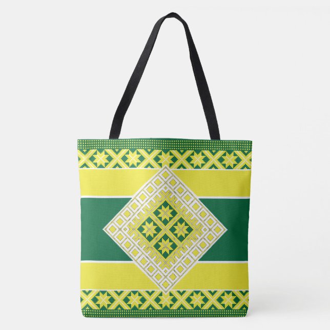 Bolsa Tote Medalhão geométrico verde-amarelo-fole letão (Frente)