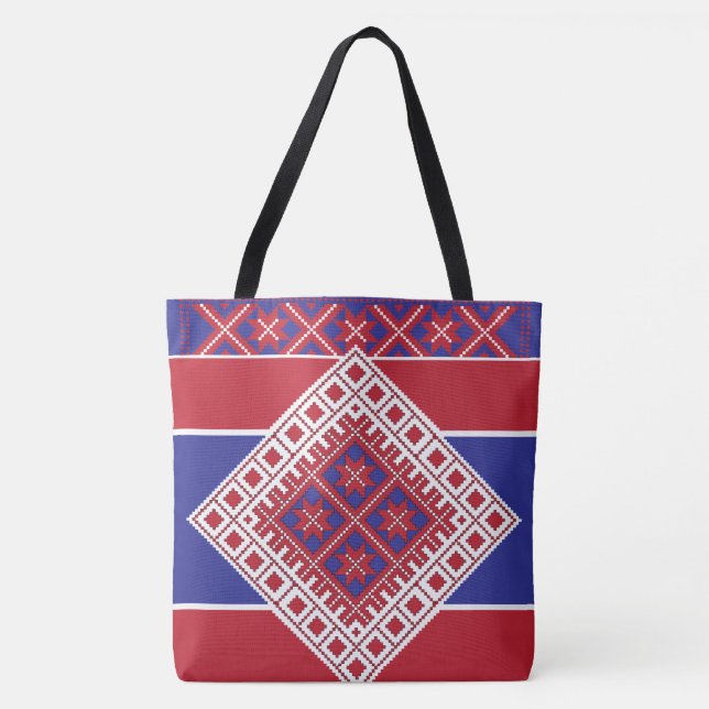 Bolsa Tote Medalhão geométrico, vermelho e azul, da arte popu (Frente)
