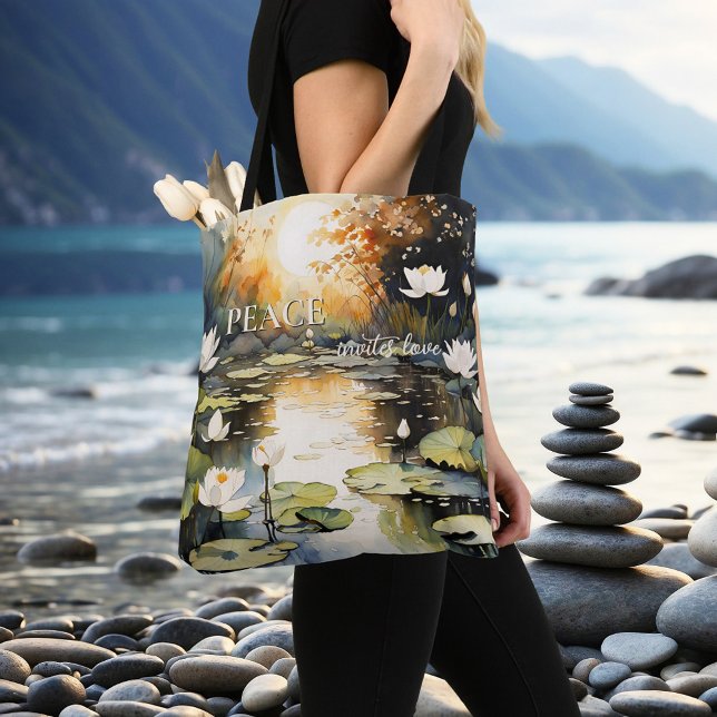 Bolsa Tote Meditação de Amor pela Paz de Waterlily Pond (Tote bag featuring peaceful watercolor waterlilies in a pond - meditation - yoga - zen - mindfulness)