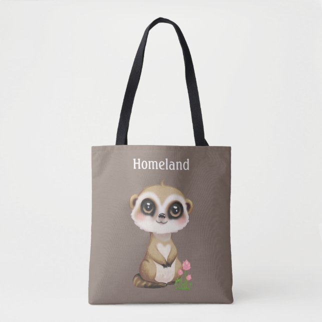 Bolsa Tote Meerkat e Flores em Beige Personalizados (Frente)