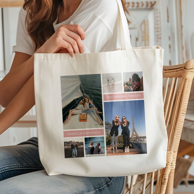 Bolsa Tote Melhor Amigos Besties 6 Colagem de Fotografias (Create your own Best Friends Photo Collage Tote Bag by MINTIC DESIGN STUDIO)