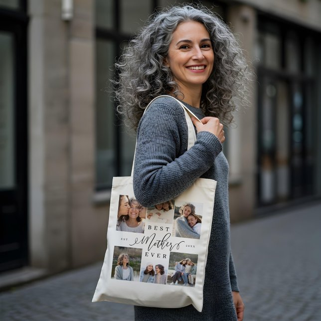 Bolsa Tote Melhor Colagem de Fotos de Script Elegante da Mãe (Best Mother Ever Elegant Script Photo Collage Tote Bag)