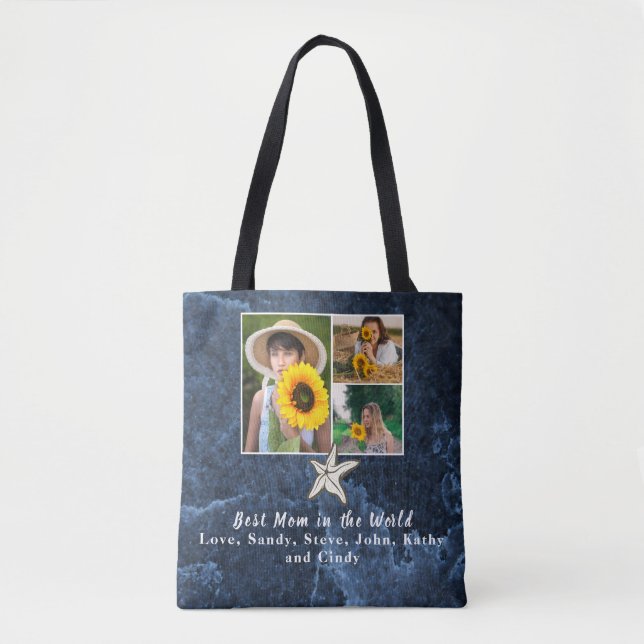 Bolsa Tote Melhor Mãe 3 Colagem Fotográfica Marinho Azul (Frente)