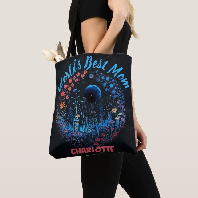Bolsa Tote Melhor Mãe do Mundo Flores Silvestres Boho Lua (Close Up)